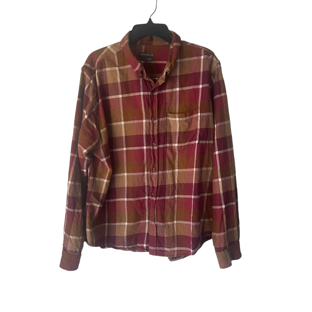 Eddie Bauer Men's Big Size 2XL Red Brown Plaid Flannel Button‎ Up